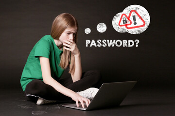 Troubled teenage girl with laptop trying to remember password. Dark background