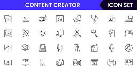Content creator vector web line icon collection, sleek illustrations of cameras, pens, laptops, creative tools for vibrant, innovative designs.