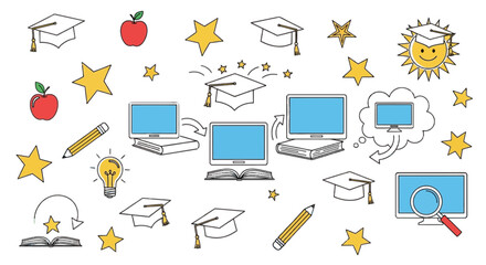 Education concept illustration school supplies with computer books and graduation hats drawing art
