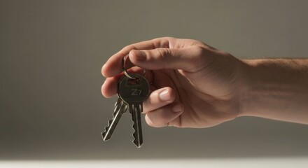 Close-up of a hand holding a ring of keys against a neutral backdrop