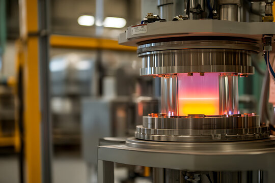 Industrial plasma processing equipment with a glowing plasma inside, set in a blurred factory environment. A process for manufacturing or scientific research.