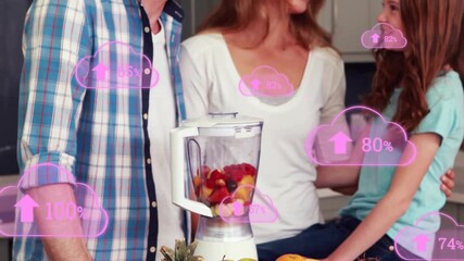 Family activating blender and checking cloud icons showing rising nutrition levels on countertop - Powered by Adobe