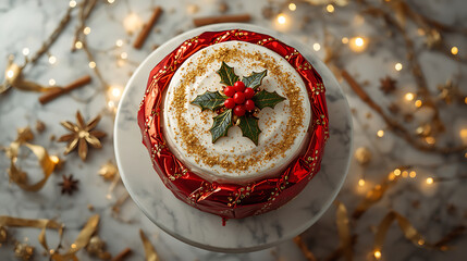 Christmas cake with white icing holly leaves red berries and golden sprinkles on festive table