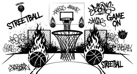 Urban Streetball Graffiti Background Vector Illustration with basketball hoops