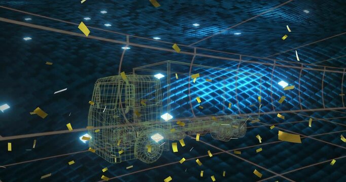 Pulsing grid initiating confetti materializing around wireframe flatbed truck showing celebration