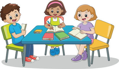 Children reading books, writing in notebooks, classroom learning, study group, educational teamwork, colorful chairs, school activity, kids focused, library scene
