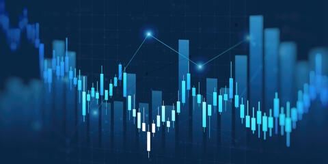 financial chart with uptrend line candlestick graph in stock market on blue color monitor background