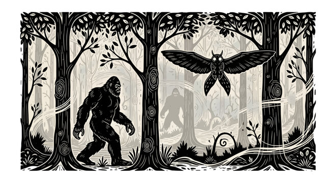 Cryptid Creature Woodcut Style Vector Bigfoot Mothman Mystery Mythical Animals Forest Illustration