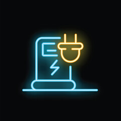 Neon electric car charging station icon glowing blue and yellow on a black background