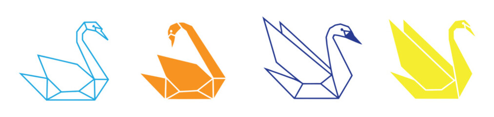 Swan icon set. A set of swan origami illustrations in minimalist line, solid black, and blue color styles. Perfect for logo design, icon sets, and modern graphic elements. Pro Vector