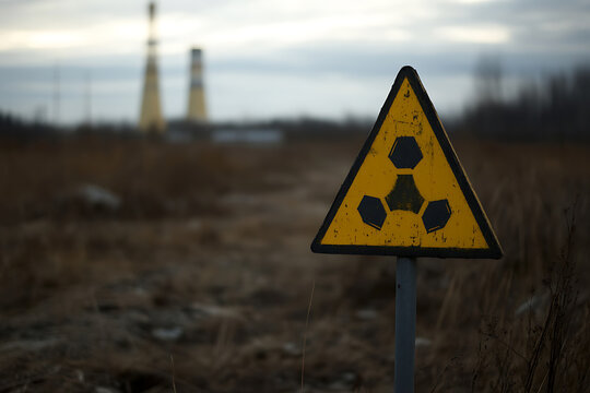 A stark image depicting a yellow and black radiation warning sign set against a bleak, desolate landscape with blurred industrial structures on the horizon. Danger. Caution ahead. - Powered by Adobe