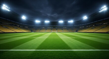 Vast empty soccer stadium at night with bright floodlights illuminating the green field