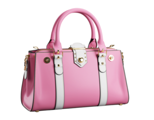 pink handbag with white and gold accents. On a transparent background png 