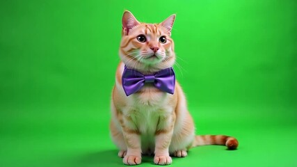 Charming ginger cat wears a classy purple bow tie against a vibrant green background