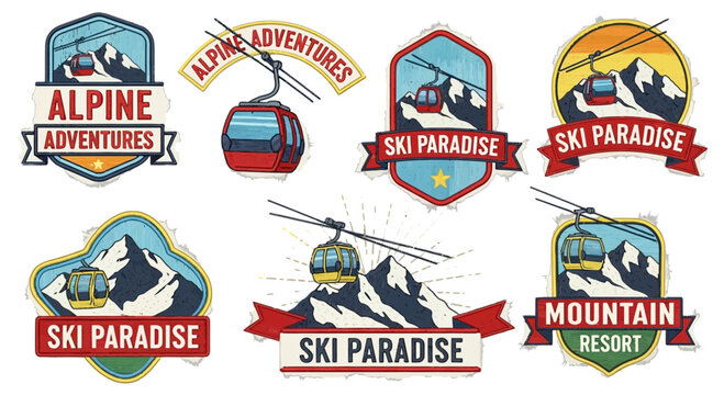 Mountain resort emblem set Ski paradise adventure travel logo skiing vacation symbol Winter holiday badge