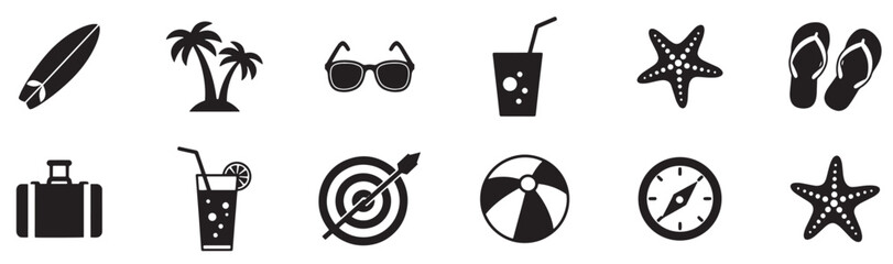 Black summer vacation and beach holiday icon set including sun, drink, flip-flops, starfish, sunglasses, and travel symbols, vector illustration. © Noura