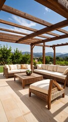 Outdoor wooden pergola with patio furniture