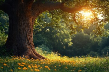 A majestic tree stands in a sunlit meadow adorned with vibrant flowers at golden hour