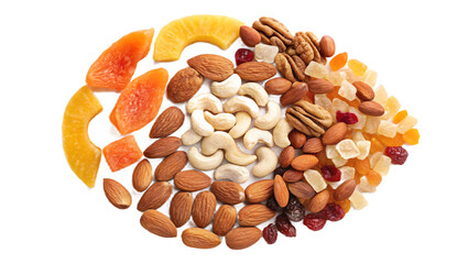 Assortment of dried fruits and nuts healthy snack mix isolated on white background