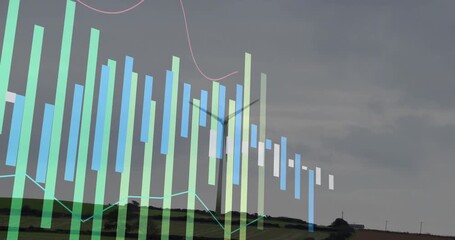 Data visualization fading in left starting sliding across wind turbine view showing energy trends - Powered by Adobe