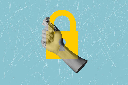 Contemporary art collage on the theme blocking of bank accounts. Disabling the banking payment system. Closed access to finance