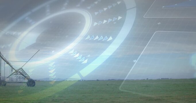 Overlay fading in over grass field and irrigation arm sliding in showing smart irrigation system