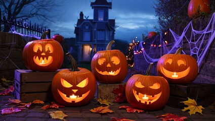 ​Five glowing jack-o'-lanterns with spooky faces illuminate a cobblestone path in front of a haunted house at twilight, set amidst cobwebs and autumn leaves.