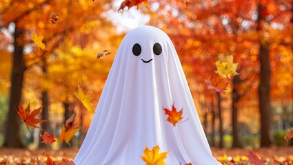 A simple, cheerful white ghost stands amidst a vibrant autumn park, surrounded by falling and scattered maple leaves in rich shades of orange, red, yellow, capturing the cozy spirit of the fall season