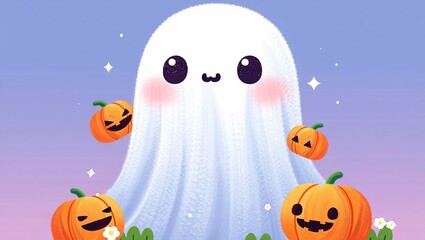 A super cute, blushing ghost with large, sparkling eyes and a tiny smile floats against a soft pastel purple and pink , surrounded by small, cheerful and tiny flowers, creating a sweet Halloween.