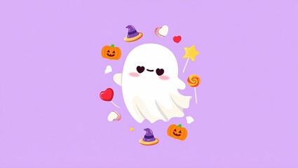 A delightful, floating  ghost with heart-shaped eyes surrounded by a swirling circle of Halloween and sweet elements, including tiny, witch hats, lollipops, set against a soft purple background.