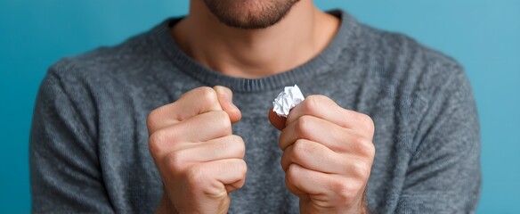 A furious person violently scrunches a jagged torn piece of paper in frustration