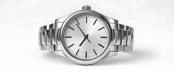 A sleek silver wristwatch with a polished design isolated on a clean white background