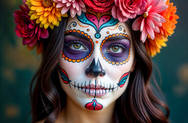 Colorful skull face paint with floral crown during a cultural celebration in festive environment