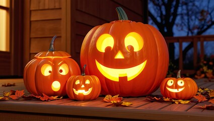 A cheerful family of four glowing jack-o'-lanterns with various expressions sits on a rustic porch, creating a warm and festive Halloween display with fallen autumn leaves.