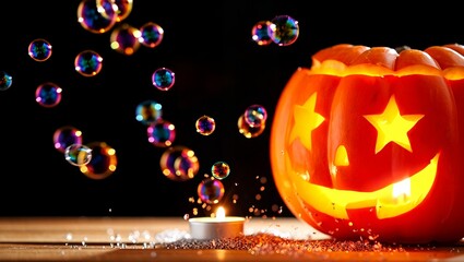 A cheerful, star-eyed jack-o'-lantern and a candle glow on wood, surrounded by floating, iridescent bubbles against a dramatic dark background, creating a magical Halloween scene.