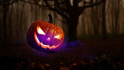 A menacing, magically carved jack-o'-lantern with an eerie purple glow floats above the dark, foggy forest floor beneath a twisted, silhouetted tree.
