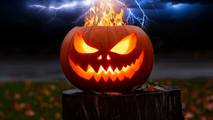An intensely ominous jack-o'-lantern spews fire from its top and glows menacingly on a tree stump, with dramatic lightning flashing in the stormy night sky.