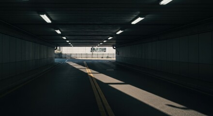 Obraz premium Dark, empty tunnel illuminated by overhead lights, leading to light