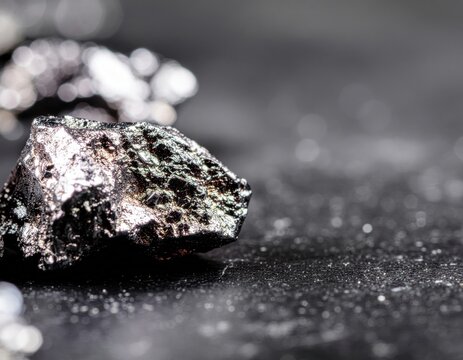 A close-up of a shiny, metallic rock on a blurred surface, showcasing its unique texture and reflective qualities against a dark background. rare earth element