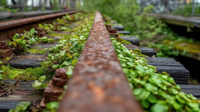 Close-up of overgrown railway tracks with lush green plants, focusing on rusted metal and wooden sleepers