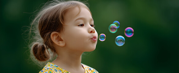 Child joyfully creating colorful bubbles in an outdoor environment.