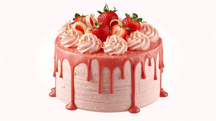 strawberry cake with pink drip frosting fresh berries and white chocolate curls
