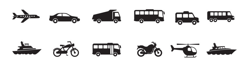 Transportation, vehicle icon set. Vector glyph pictograms of travel, logistics, public transit concepts, car, train, bus, bicycle, boat, and air plane black silhouette, vector illustration.