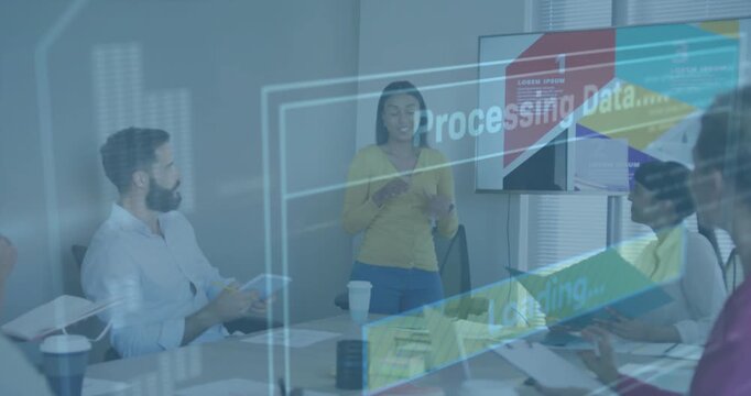 Presenter greeting outlining chart while data overlay animation driving business meeting analysis
