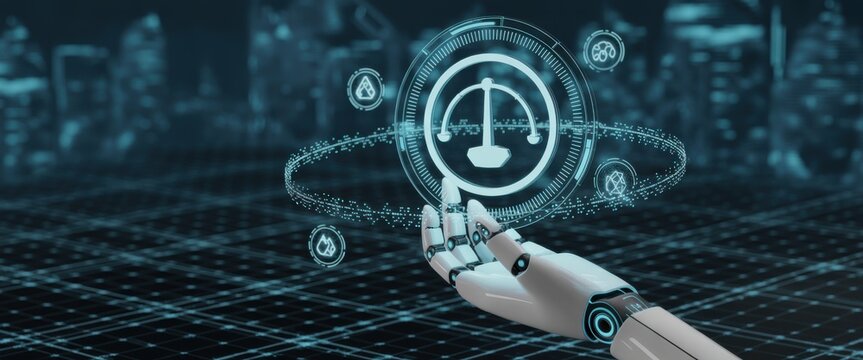 Robotic Hand's Futuristic Touch: A sleek, robotic hand interacts with a glowing, digital interface, suggesting technological advancement and data visualization in a futuristic setting.