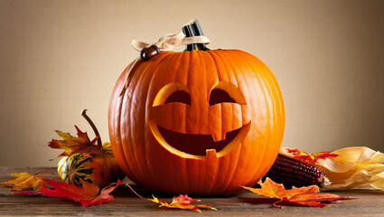 ​A brightly smiling jack-o'-lantern, decorated with a burlap bow, sitting on a wooden surface with scattered autumn leaves and harvest decorations.