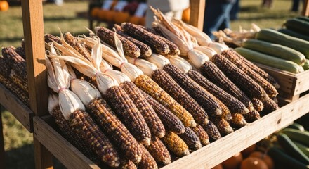 Display of colorful corn cobs on a wooden farm stand in daylight