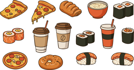 Assorted food and drinks illustration featuring pizza sushi coffee and more items