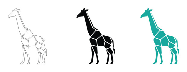 Giraffe icon set. A minimalist design featuring a stylized origami giraffe. Available in three styles, outline, solid black, and isometric blue. Pro Vector