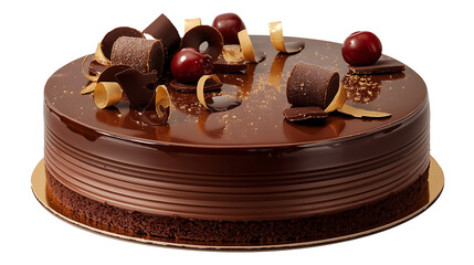 elegant ganache cake with dark glaze cherry topping and decorative chocolate swirls